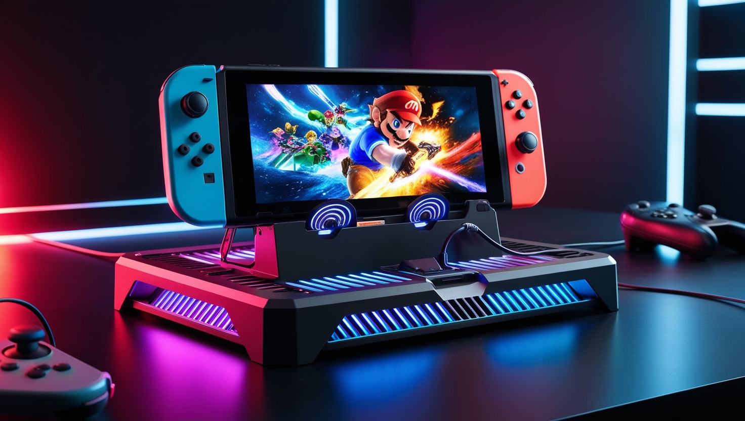 Create a dynamic, glowing scene featuring a Nintendo Switch console on a high-tech, futuristic cooling stand. The cooling stand should have visible built-in fans or ventilation slits that glow with soft blue or neon light, giving it a cutting-edge, sleek look. The Nintendo Switch screen should display an intense, action-packed game like Zelda or Mario Kart, with the colors on the screen popping and contrasting against the glowing stand. The background should have a dark, atmospheric vibe, perhaps with subtle lighting or LED strips to emphasize the glowing effect. Add some gaming accessories like a controller or headphones in the frame, and ensure the overall image feels energetic, modern, and perfect for long gaming sessions, with a focus on how the cooling stand enhances both function and style